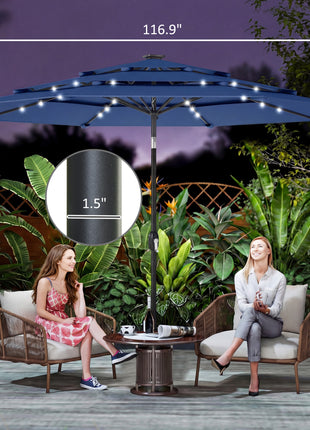 9.7 ft Outdoor Patio Umbrella with Solar LED Lights, 3 Tier Outdoor Table Umbrella with Tilt, Crank, Navy Blue