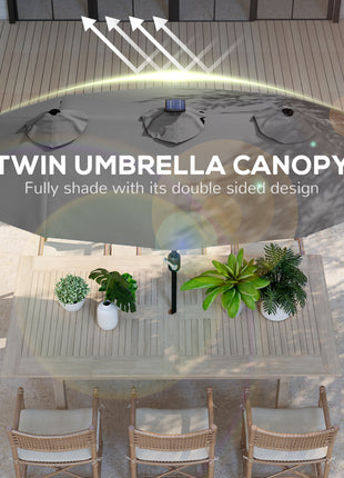 Double-sided Patio Umbrella, 9.7' Outdoor Umbrella with Tilt and Crank, LED Solar Light and 12 Ribs, Gray