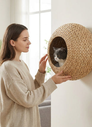 Wall Mounted Cat Condo with Washable Cushion, Natural Wood