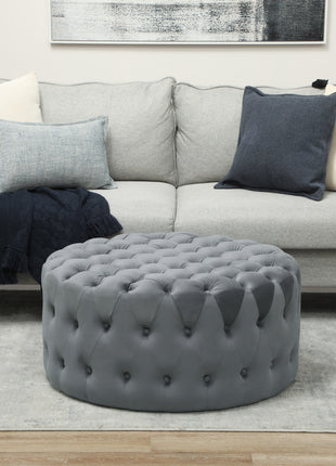 Round Ottoman Coffee Table with Velvet-feel Upholstery, Button Tufted Design and Padded Seat, Dark Gray