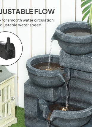 30" Tall Outdoor Waterfall Fountain with LED Lights, 4-Tier Resin Cascading Water Bowls with Pump, Gray