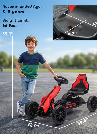 Kids Pedal Go Kart W/ Adjustable Seat, Swing Axle, Red