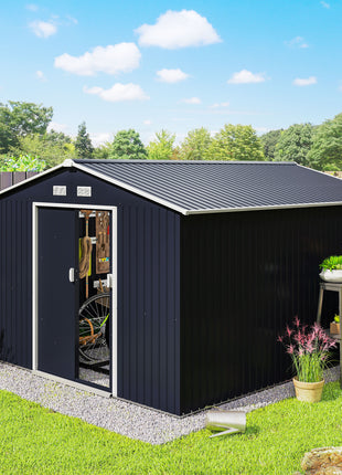 11' x 9' Outdoor Storage Shed, Garden Tool Metal Shed with Foundation Kit, Double Lockable Door, Air Vents and Sloping Roof, for Backyard, Patio, Lawn, Dark Gray