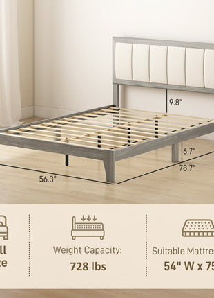 Full Bed Frame with Headboard Full Size Platform Bed Frame with Wooden Slats No Box Spring Needed Easy Assembly Gray