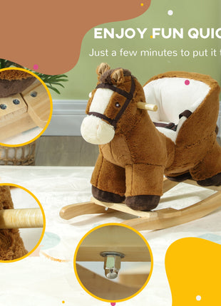 Baby Rocking Horse, Kids Ride-on with Sound, Wooden Base & Safety Belt for Ages 18-36 Months, Brown