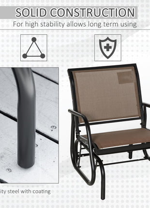 Porch Glider, Metal Frame Swing Glider Chair with Breathable Mesh Fabric, Curved Armrests and Steel Frame for Garden, Poolside, Backyard, Balcony, Brown