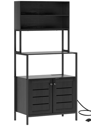 Baker's Rack with Power Outlet and Storage Shelves, Microwave Stand with Louvred Door Cabinets, Black