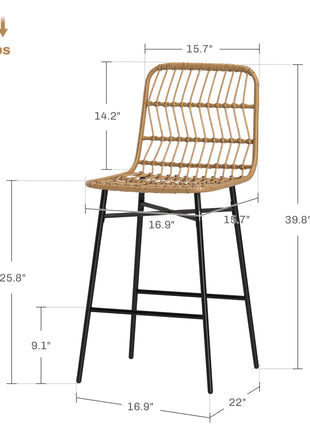 Rattan Counter Bar Stools Set of 2, 26" Counter Height Barstools with Back, Bar Chairs for Kitchen Island, Brown