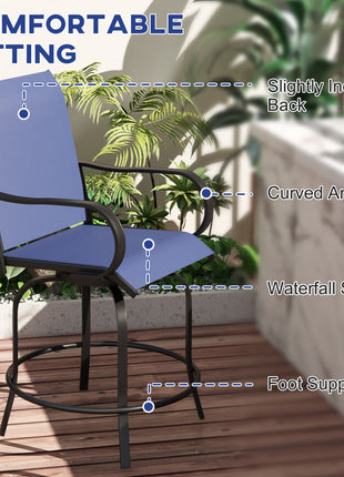 Outdoor Bar Stools Set of 2, 360° Swivel Bar Height Chairs, 26.75" x 29.5" x 48.5", Navy Blue