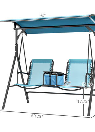 2 Person Porch Swing with Canopy, Storage Table, Cup Holder, Blue