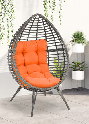 Patio Wicker Egg Chair w/ Soft Cushion, Teardrop Cuddle Seat, Outdoor / Indoor Patio Chair, PE Plastic Rattan Furniture with Adjustable Height Feet Pads, Orange