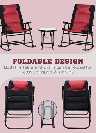 3 Piece Outdoor Patio Furniture Set with Glass Coffee Table & 2 Folding Padded Rocking Chairs, Bistro Style for Porch, Camping, Balcony, Red