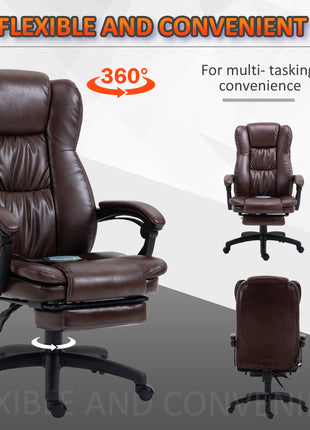 High Back Massage Office Chair with 6-Point Vibration, 5 Modes, Executive Chair, PU Leather Swivel Chair with Reclining Back, and Retractable Footrest, Brown