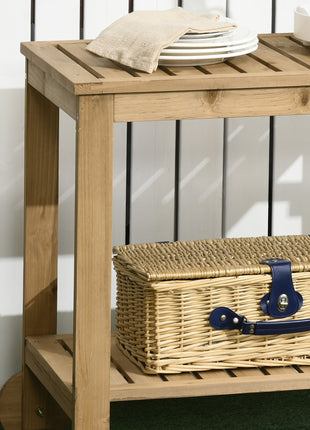 Outdoor Bar Cart, Wood Rolling Home Bar & Serving Cart ，2 Shelves, Wine Bottle Holders for Garden, Dining Room, Natural