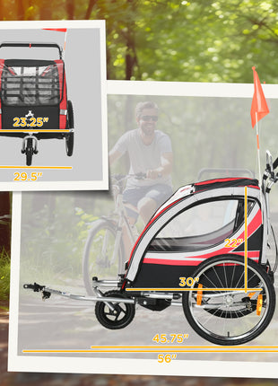2-in-1 Walk/Ride Child Baby Bike Trailer for Kids 2 Seater, High-Visibility Bike Stroller for Toddler Wagon, Weather-Strong Double Bicycle Trailer Accessory, Red