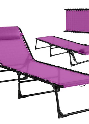 Folding Chaise Lounge Pool Chair with 4-Position Reclining Back, Pillow, Breathable Mesh & Bungee Seat, Purple