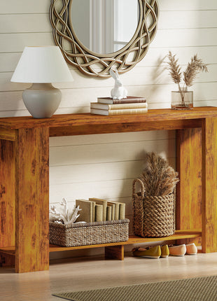 Farmhouse Console Table, 63" Narrow Entryway Table with Thickened Tabletop for Living Room, Hallway, Distressed Brown