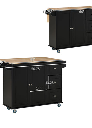Storage Trolley Cart on Wheels, Mobile Kitchen Island with Drop Leaf, Towel/Spice Rack, 3 Drawers, 2-Door Cabinet, Black