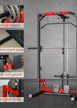 Smith Machine Power Rack with Pull Up Bar, Lat Pull Down System, Landmine, Squat Rack, Barbell Bar, for Home Gym