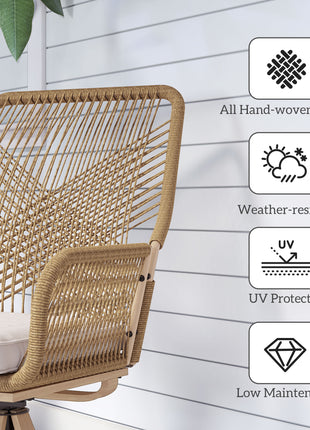 Patio Swivel Chairs Set of 2, Rattan Patio Dining Chairs with Soft Cushions for Backyard, Lawn, Porch, or Garden, Khaki