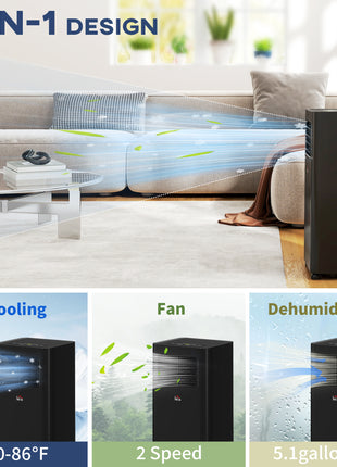 10000 BTU Mobile Air Conditioner, 441 Sq. Ft., AC Unit with Dehumidifier, Sleep, 24H Timer On/Off, Window Kit, Black