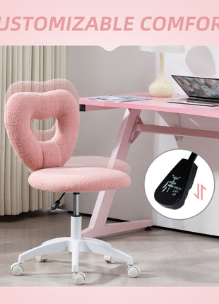 Armless Computer Desk Chair, Office Task Chair, Teddy Fleece Heart Makeup Vanity Chair with Swivel Wheels, Pink