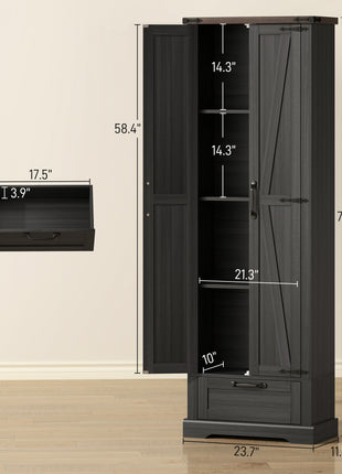 71" Pantry Cabinet, Kitchen Storage Cabinet with Adjustable Shelves, Barn Doors and Drawer for Dining Room, Black