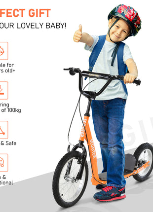 Youth Scooter Kick Scooter for Kids 5+ with Adjustable Handlebar 16" Front and 12" Rear Dual Brakes Inflatable Wheels, Orange