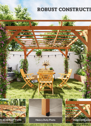 10' x 13' Wood Pergola, Outdoor Gazebo Grape Trellis with Stable Structure for Climbing Plant Support, Dark Brown