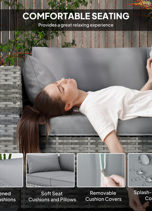 3 Seater Wicker Sofa with Side Trays, Outdoor Patio Couch with 6" Thick Back Cushions, Deep Seating, Mixed Gray