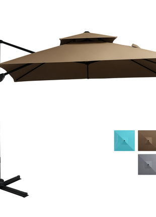 10ft Offset Patio Umbrella with Base, Double Top Hanging Aluminum Cantilever Umbrella with 360-degree Rotation, Easy Tilt, 8 Ribs, Crank, Cross Base, Cover, Strap, Coffee