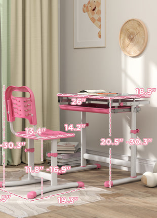 Height Adjustable Kids Desk and Chairs Set with Tilt Desktop, Storage Drawer, Pen Slot, Hook, Pink