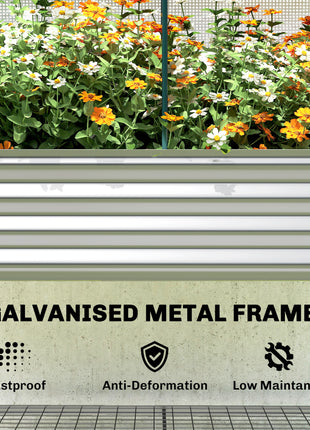 Galvanised Raised Garden Bed with Greenhouse Cover, Metal Elevated Garden Bed with Bed Liner, Bottom Shelf, Silver