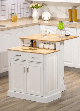 Kitchen Island with 2-Level Rubber Wood Tabletop, Island Table with Adjustable Shelves and Drawers, White