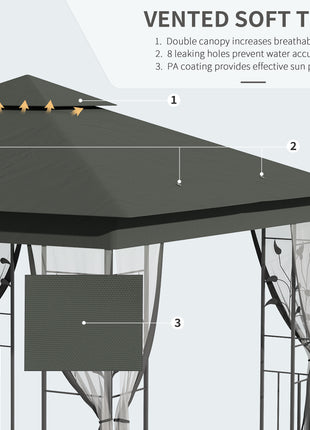  10' x 10' Metal Patio Gazebo, Double Roof Outdoor Gazebo Canopy Shelter with Tree Motifs Corner Frame and Netting, for Garden, Lawn, Backyard, and Deck, Gray