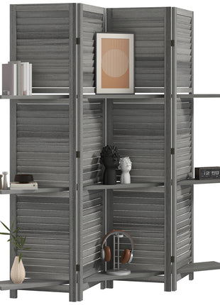 4 Panel 67" Tall Wood Privacy Screen Room Divider with 3 Shelves and Folding Storage for Bedroom, Gray