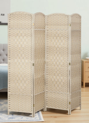 Folding Room Divider Screen 4 Panel 6' Tall Privacy Screen Freestanding Wood Partition for Home Office, Washed Oak