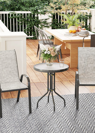 3 Pieces Bistro Set, Small Patio Furniture Set with Stackable Chairs and Glass Table for Backyard, Balcony, Gray
