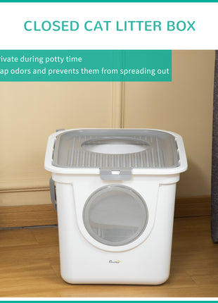Covered Cat Litter Box, Easy Cleaning Kitty Litter Box with Front Entrance, Top Exit, Scoop, for Odor Control, White