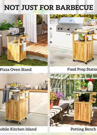 Outdoor Grill Cart w/ Stainless Steel Top, Solid Wood Outdoor Kitchen Island w/ Wheels, Integrated Hole, Natural Wood