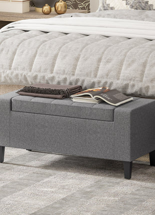 36" Ottoman with Storage, Storage Ottoman Bench with Lift Top and Rubberwood Legs, Linen Upholstered Entryway Bench with Seating for Living Room, Bedroom, Holds up to 330 lb, Gray