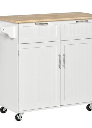 41" Modern Rolling Kitchen Island on Wheels, Utility Cart Storage Trolley with Rubberwood Top & Drawers, White
