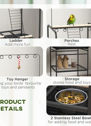 Bird Stand with Wheels, Perches, Stainless Steel Feed Bowls, Pull-Out Tray for Indoor Outdoor Small Parrot, Dark Gray