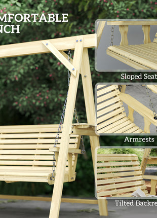 3 Seat Wooden Porch Swing with Stand, Patio Swing with Side Tables, for Garden, Poolside, Backyard, Natural Wood