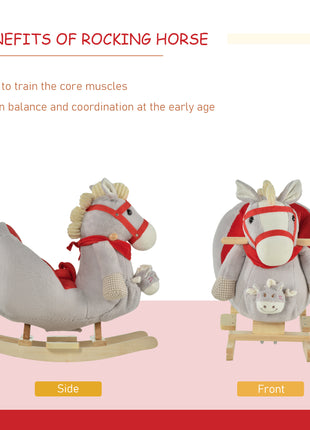 Kids Ride-On Rocking Horse Toy, Rocker with Lullaby Song, Hand Puppets & Soft Plush Fabric for Children 18-36 Months, Gray