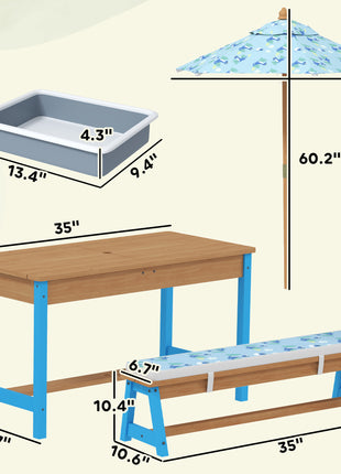Kids Picnic Table Set with Foldable Umbrella, Removable Cushions & Boxes, Dinosaur Theme, Blue