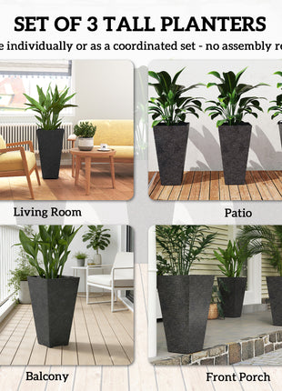 28" Tall Planters, Set of 3 Plastic Flower Pots with Marble Finish and Drainage Holes, Stackable Taper Planters, Black