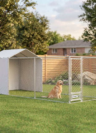 Galvanized Chain Link Large Outdoor Dog Kennel with Waterproof & UV-Resistant Cover, for M&L Dogs, 19.7' x 7.5' x 7.5'