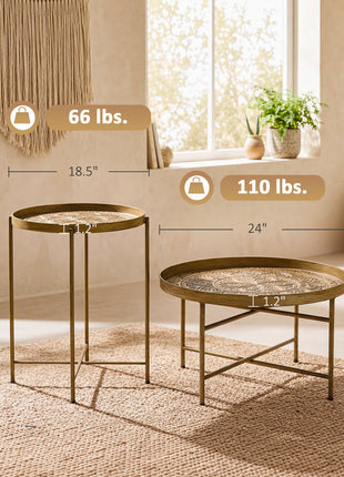 Coffee Table Set for Living Room, Round Center Table Set with Hammered Tray Top and Metal Frame for Bedroom, Gold