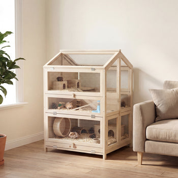 Wooden Hamster Cage, Large 3 Tier Hamster Cage w/ Pull-Out Tray, Openable Top, Hut, Seesaws, 26.8"L x 24.2"W x 35.4"H